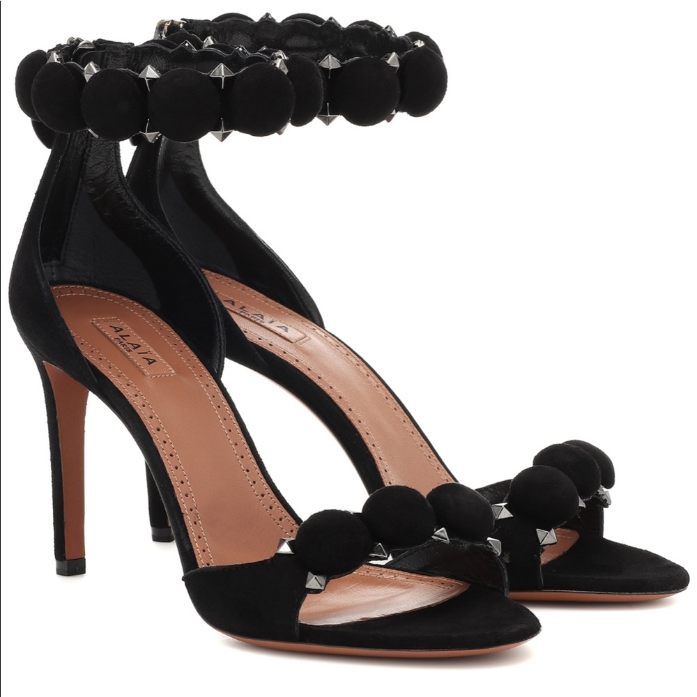 Alaïa Black Suede Pom-Pom Ankle-Strap Heels